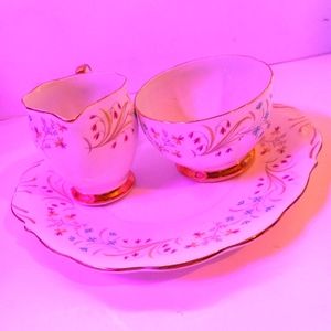 Vintage QUEEN ANNE Bone China, 'Lucerne' Pattern cake plate, creamer, sugar bowl